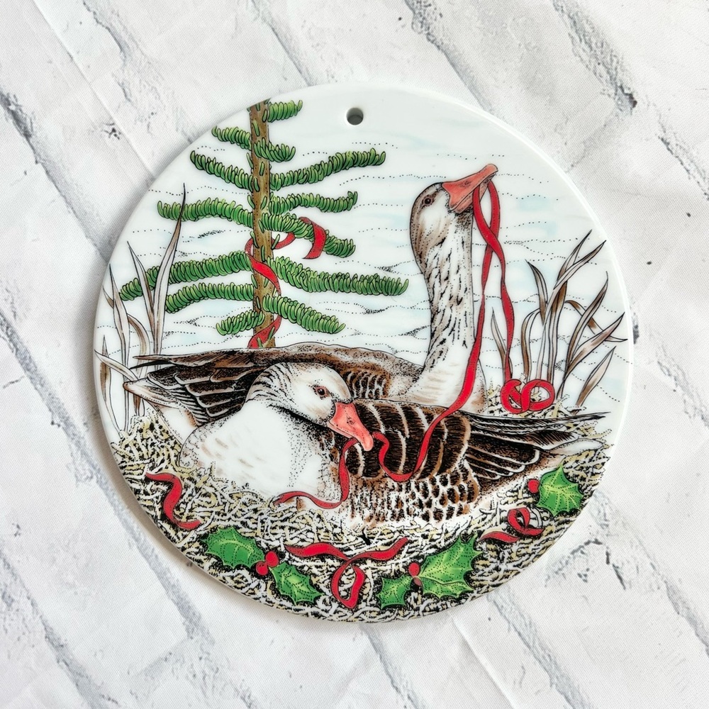 Vtg 1984 Midwest Importers Christmas Geese Ceramic Trivet Tile Wall Decor 6"